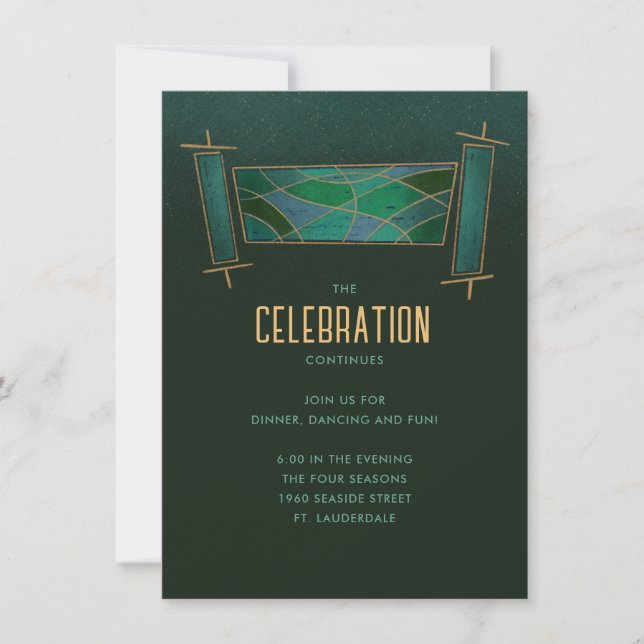 Emerald Green Mosaic Torah Scroll Party Enclosure Invitation (Front)