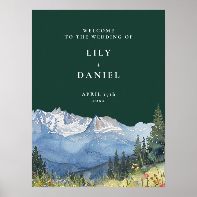 Emerald Green Mountain Floral Wedding Welcome Sign (Front)