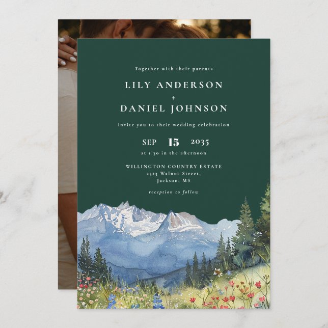 Emerald Green Mountain Wildflower Photo Wedding Invitation (Front/Back)