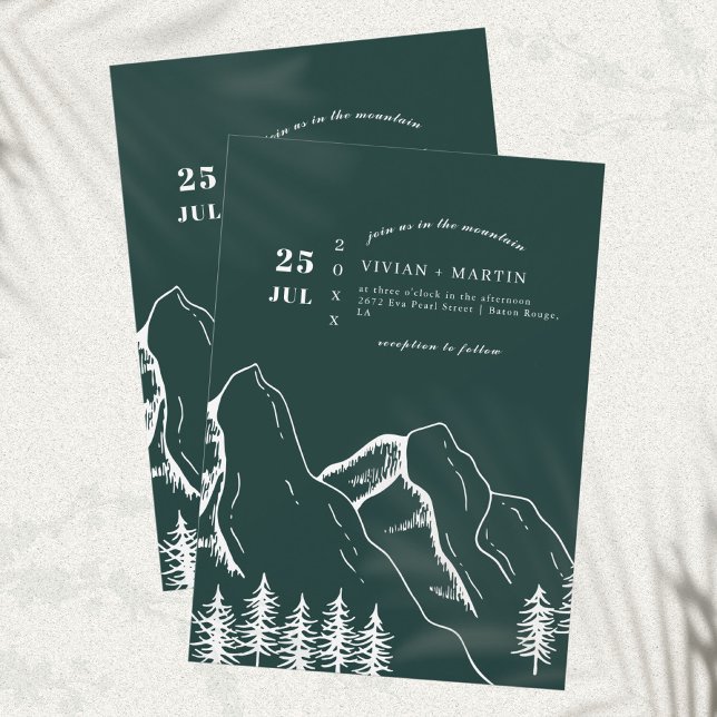 Emerald Green Mountains Pine Tree Outdoor Wedding Invitation (Creator Uploaded)