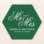 Emerald green Mr and Mrs hexagon wedding coasters<br><div class="desc">Emerald green Mr and Mrs hexagon wedding coasters. Elegant script typography template. Personalize with custom name and date.</div>
