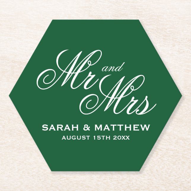 Emerald green Mr and Mrs hexagon wedding coasters (Front)