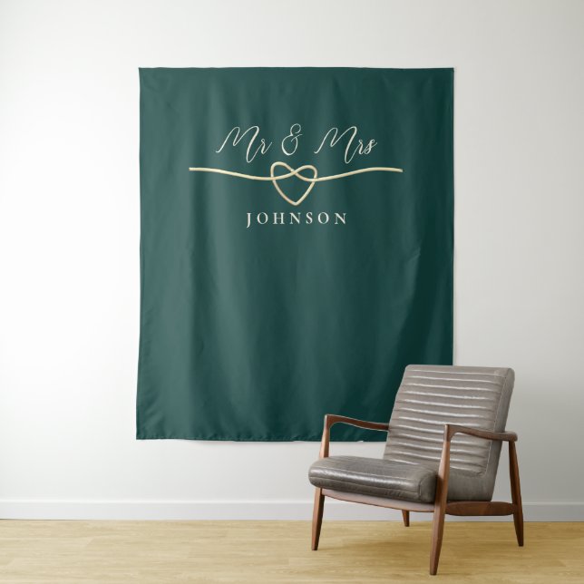 Emerald Green Mr. & Mrs. Wedding Backdrop Tapestry (In Situ)