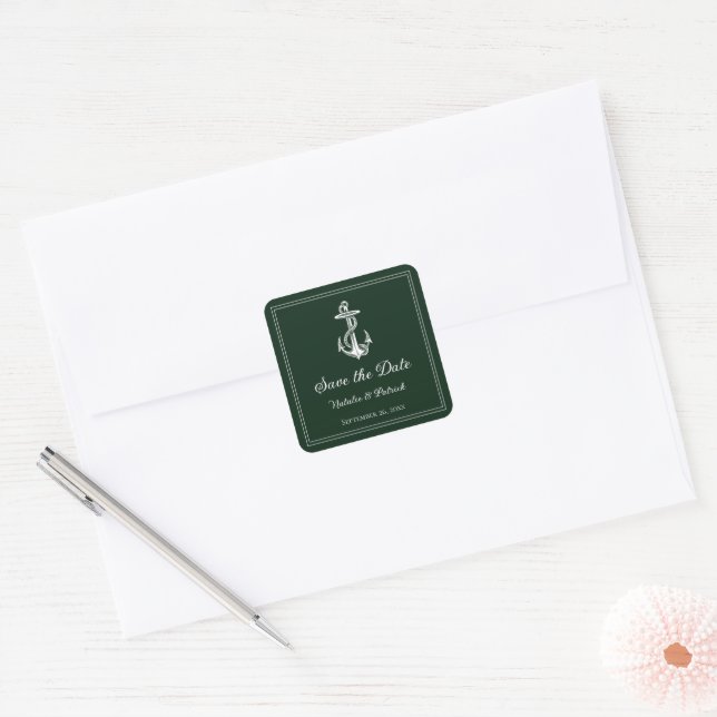 Emerald Green Nautical Anchor Save the Date Square Sticker (Envelope)