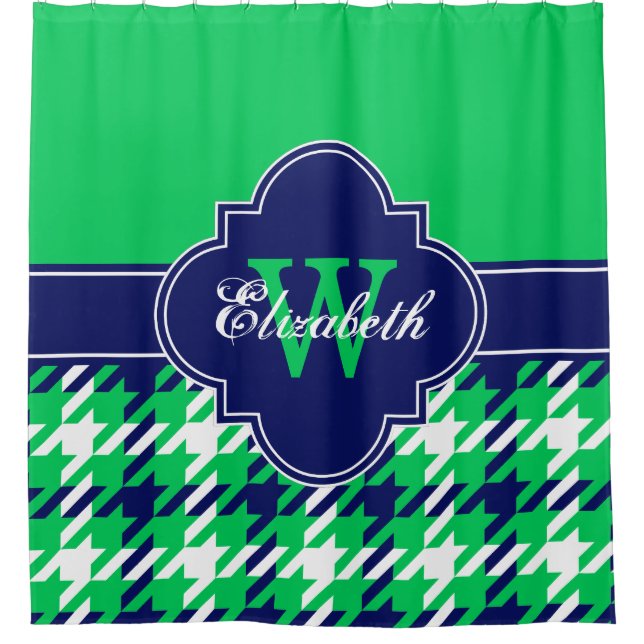 Emerald Green Navy Blue Wht 1I CB Ribbon Name Shower Curtain (Front)