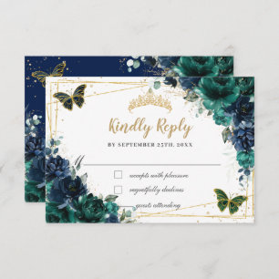 Emerald Green Navy Floral Butterflies Quinceañera RSVP Card