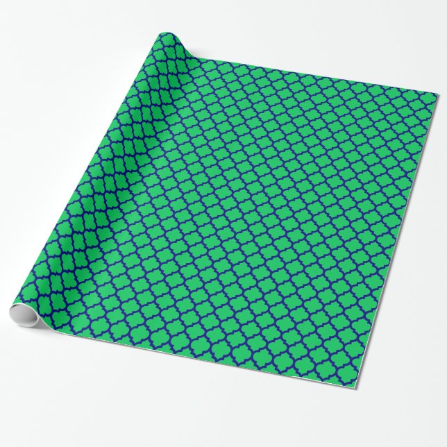 Emerald Green Navy Moroccan Quatrefoil Pattern #5 Wrapping Paper (Unrolled)