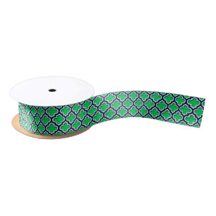 Emerald Green Navy White Moroccan Quatrefoil #5DS Satin Ribbon