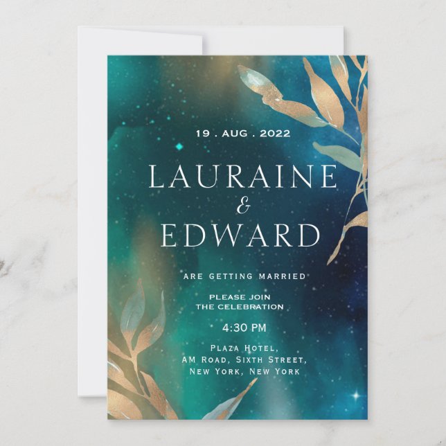 Emerald green nebula galaxy night sky golden foil  invitation (Front)