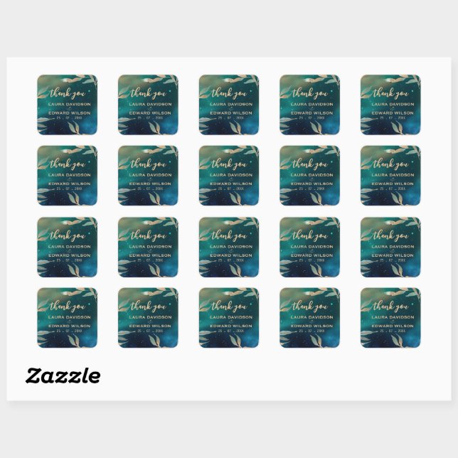 Emerald green nebula galaxy night sky golden foil  square sticker (Sheet)