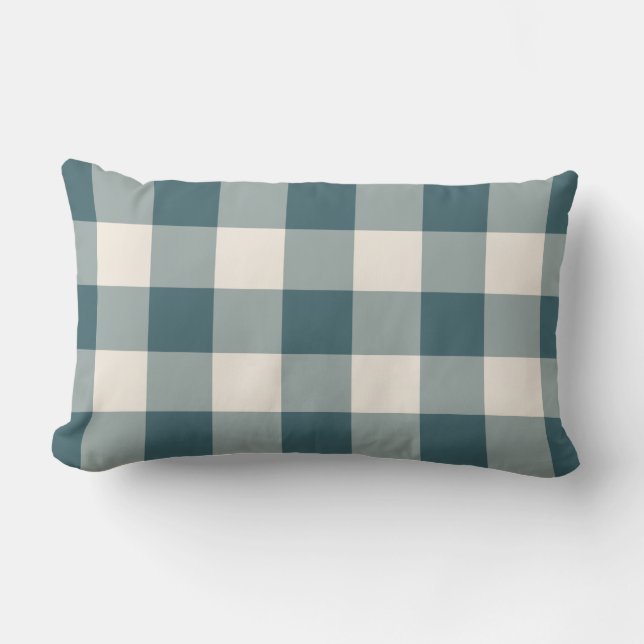 Emerald Green Off-White Gingham Pattern Chequered Lumbar Cushion (Front)