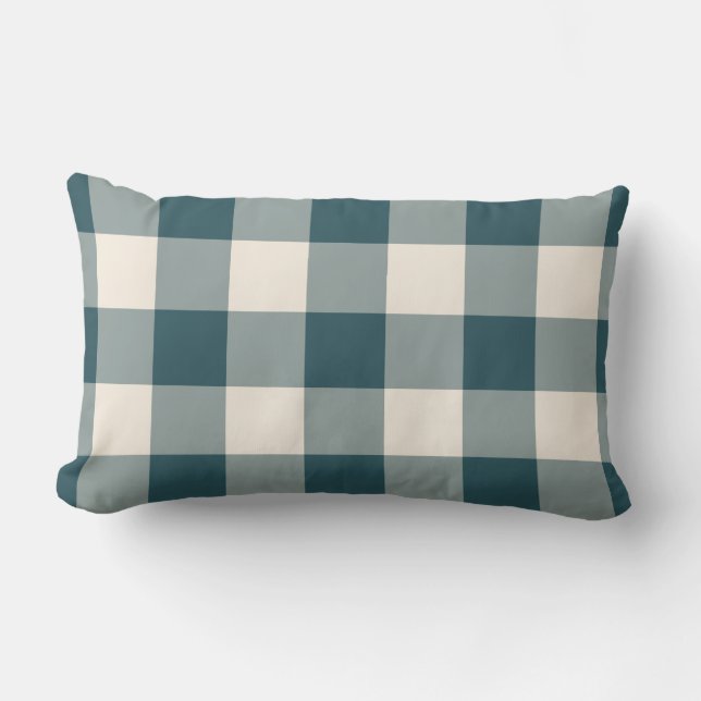 Emerald Green Off-White Gingham Pattern Chequered Lumbar Cushion (Front)