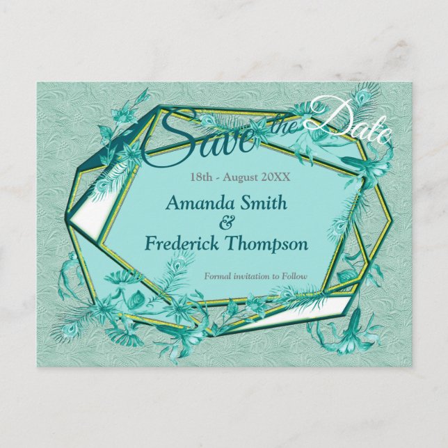 Emerald green on a sculpture textured backing announcement postcard (Front)