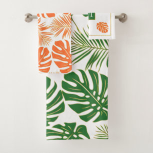 Emerald green, orange tropical leaves and monogram bath towel set