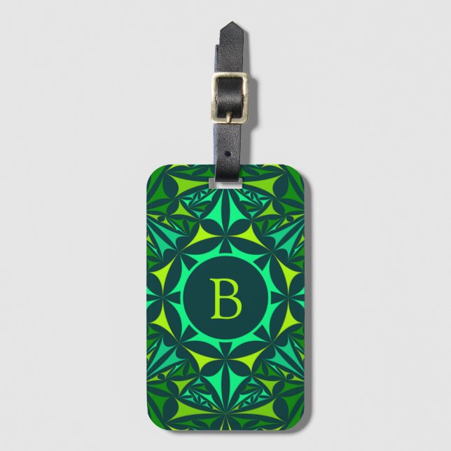 Emerald Green Ornate Kaleidoscope Monogram Luggage Tag (Front Vertical)