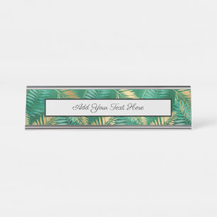 Emerald Green Palm Leaf Bright Golden Jungle Desk Name Plate