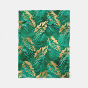 Emerald Green Palm Leaf Bright Golden Jungle Fleece Blanket