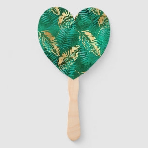 Emerald Green Palm Leaf Bright Golden Jungle Hand Fan