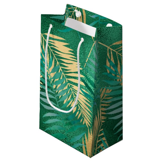 Emerald Green Palm Leaf Bright Golden Jungle Small Gift Bag (Front Angled)