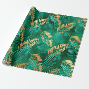 Emerald Green Palm Leaf Bright Golden Jungle Wrapping Paper