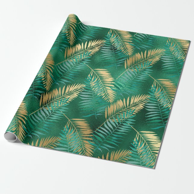 Emerald Green Palm Leaf Bright Golden Jungle Wrapping Paper (Unrolled)