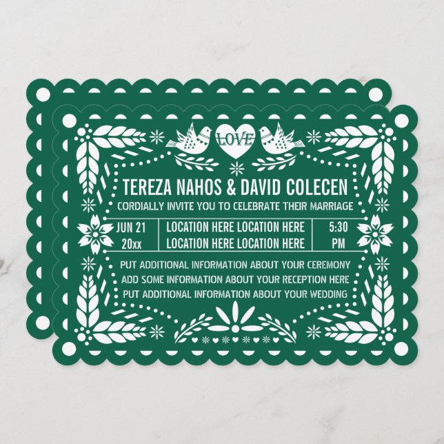 Emerald green papel picado love birds wedding invitation (Front/Back)