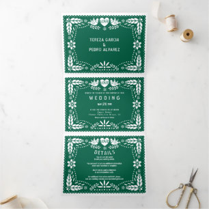 Emerald Green papel picado love birds wedding Tri-Fold Invitation
