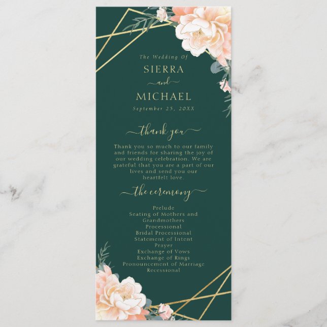 Emerald Green Peach Cream Gold Geometric Wedding Program (Front)