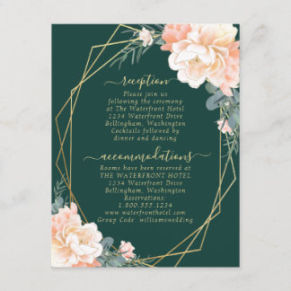 Emerald Green Peach Floral Gold Wedding Details Enclosure Card