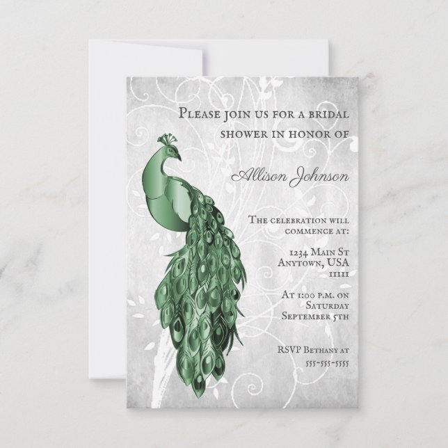 Emerald Green Peacock Bridal Shower Invitation (Front)