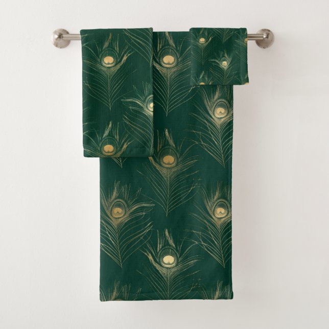 EMERALD GREEN PEACOCK FEATHER BATHROOM TOWEL SET  (Insitu)
