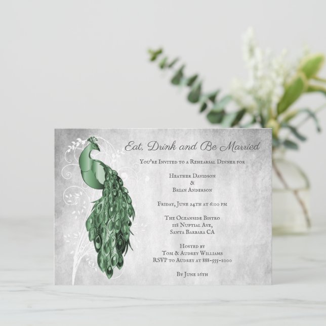 Emerald Green Peacock Rehearsal Dinner Invitation (Standing Front)