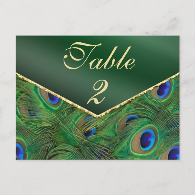 Emerald Green Peacock Table Number Card (Front)