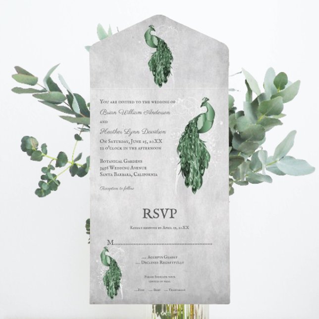 Emerald Green Peacock Wedding All In One Invitation (Emerald Green Peacock All in One Wedding Invite)