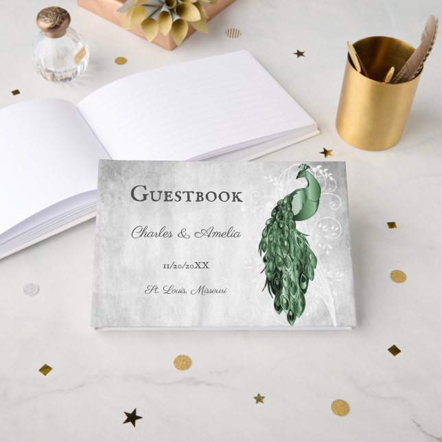 Emerald Green Peacock Wedding Guest Book (Front Open)