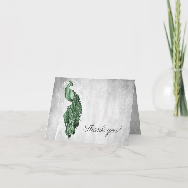 Emerald Green Peacock Wedding Thank You (Front)
