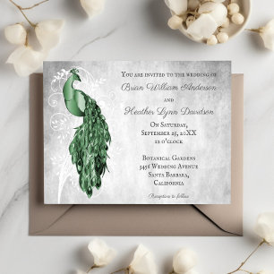 Emerald Green Peacock White Botanical Wedding Invitation