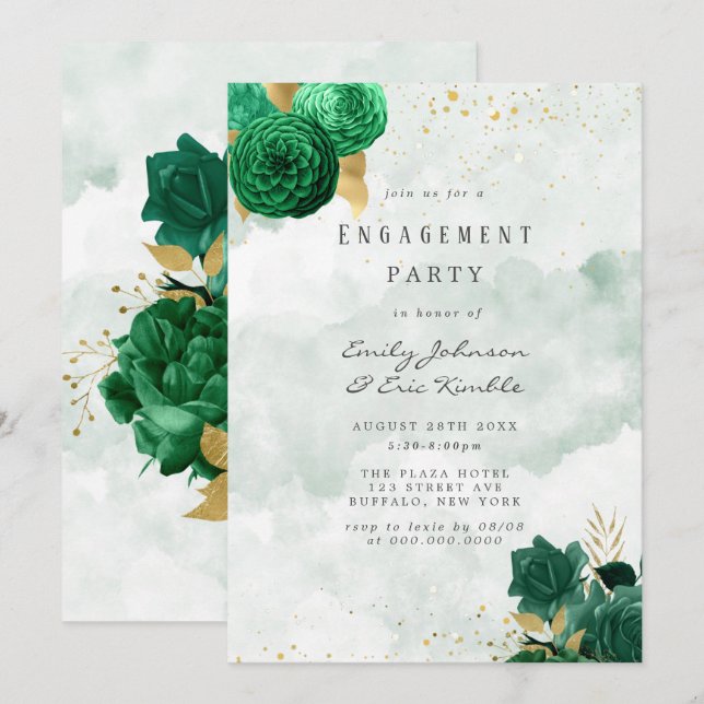 Emerald Green Peony and Gold Engagement Party Invitation (Front/Back)