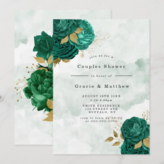 Emerald Green Peony Gold Couples Shower Invites (Front/Back)