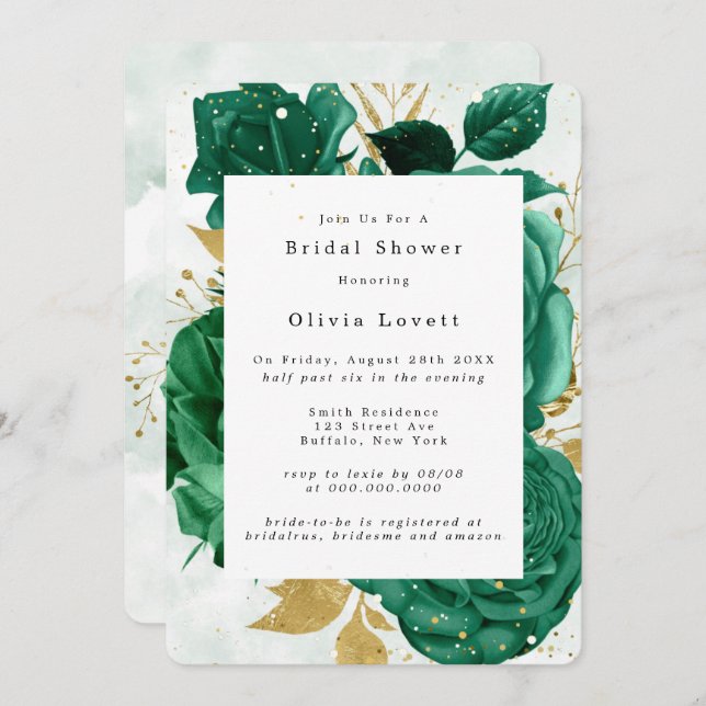 Emerald Green Peony Gold Glitter Bridal Shower Invitation (Front/Back)