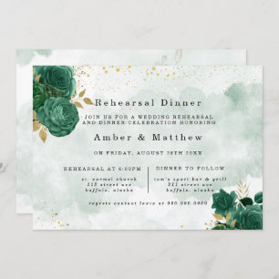 Emerald Green Peony Gold Glitter Rehearsal Dinner Invitation