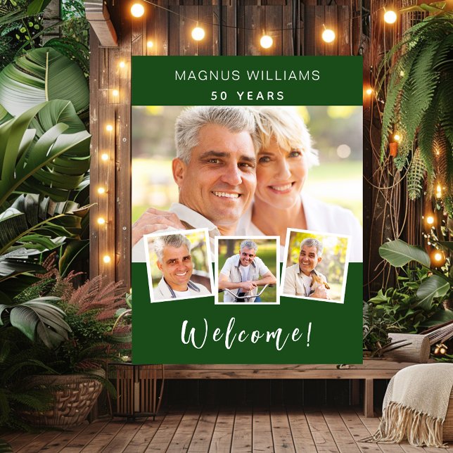 Emerald green photo collage birthday party welcome poster (Creator Uploaded)
