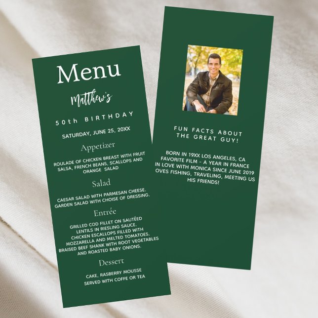 Emerald green photo fun facts birthday menu card (Creator Uploaded)