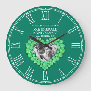 Emerald green photo heart 55th wedding anniversary large clock