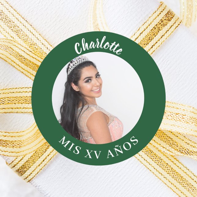 Emerald green photo name Quinceanera Classic Round Sticker (Creator Uploaded)