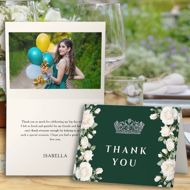 Emerald Green Photo Princess Tiara Quinceanera Thank You Card (Thank You Card from the Princess Dress and Roses Quinceanera Collection by Darling & May)