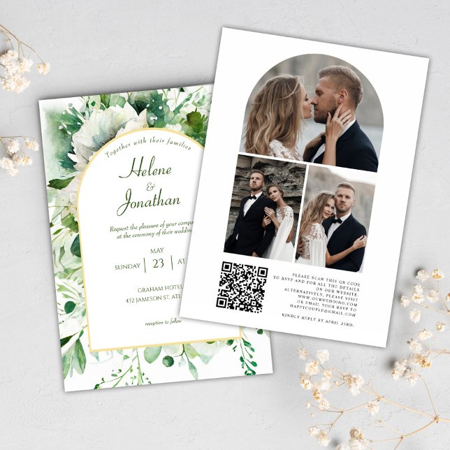 Emerald Green Photo QR Code Floral Wedding Invitation (Emerald Green Photo QR Code Floral Wedding Invitation)