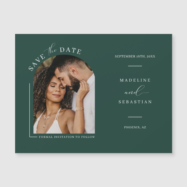 Emerald Green Photo Save the Date Magnetic Card (Front)