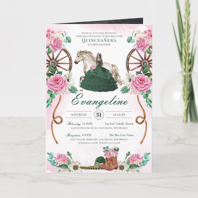 Emerald Green Pink Charro Quinceanera Add Photo  Invitation (Front)
