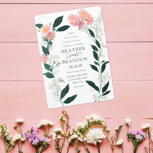 Emerald Green Pink Floral Foliage Wedding Invitation